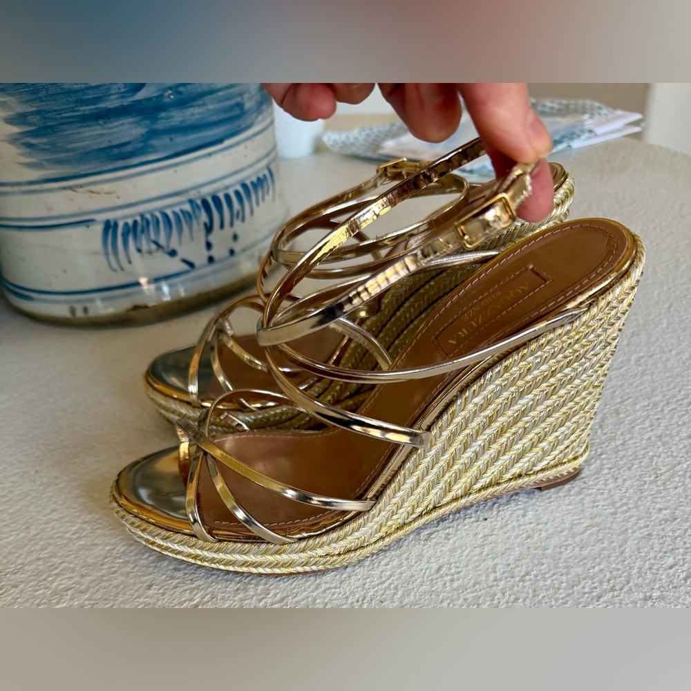 Aquazzura Gold Strappy Women's Platform Wedge Sandals - 37.5 / 7.5 - Picture 2 of 6